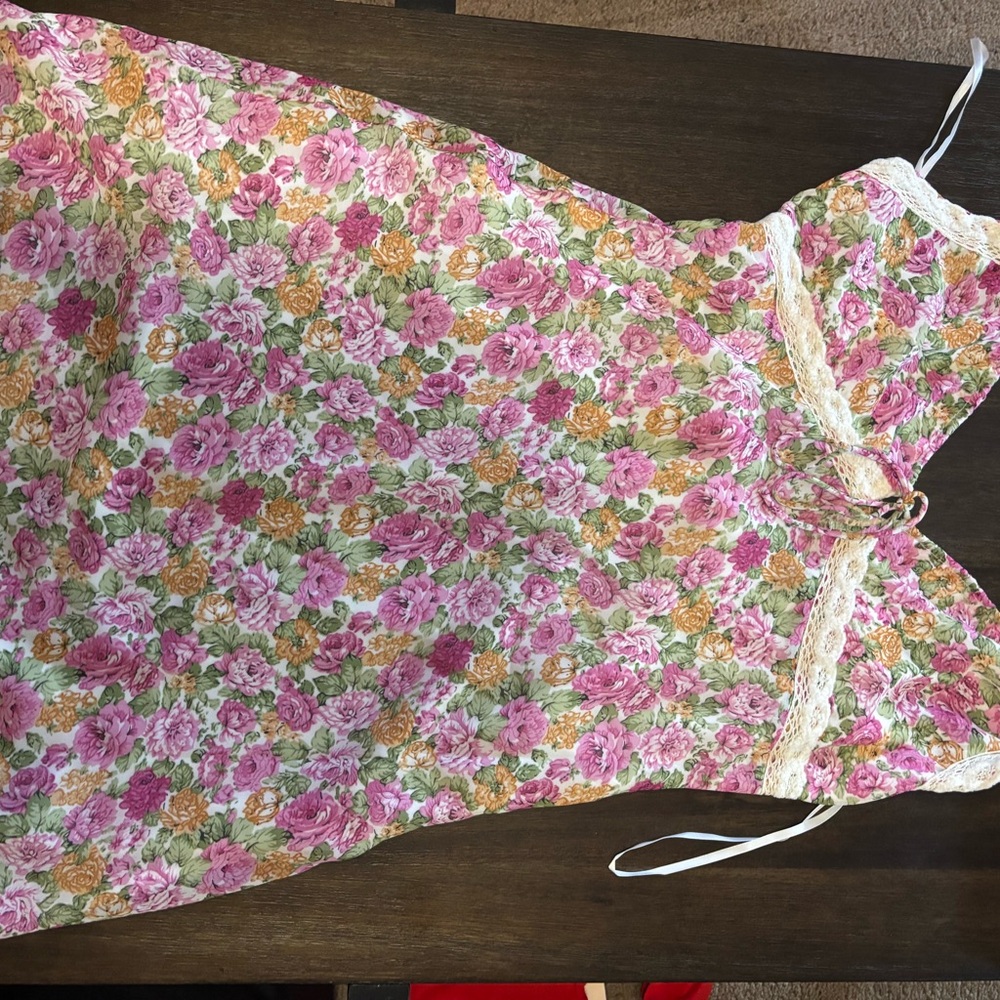 Floral Pink and Orange Dress with Lace Trim